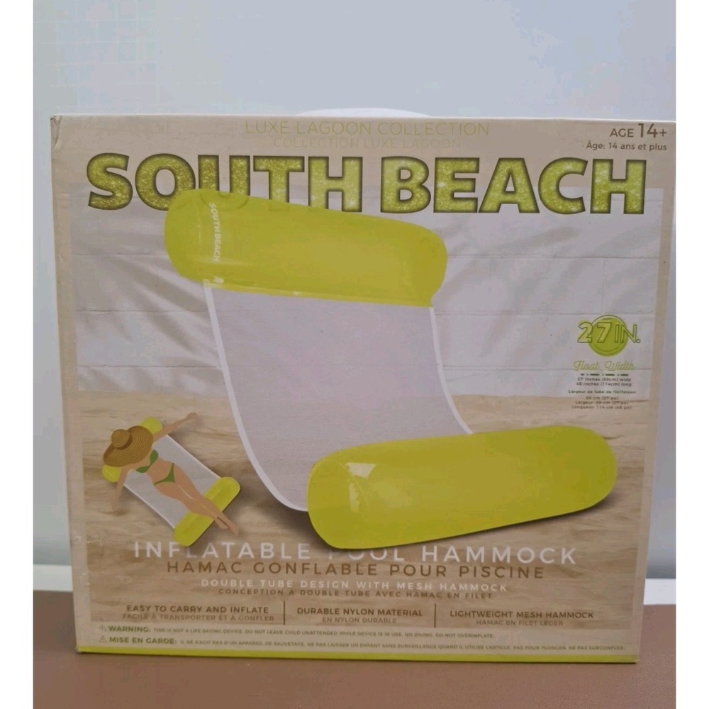 South Beach Inflatable Mesh Pool Hammock Float 45" x 27" Neon Yellow Swim Fun